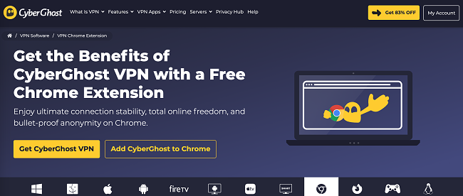 Chrome tarayıcı uzantısı proxy'si için CyberGhost indirme sayfasının ekran görüntüsü