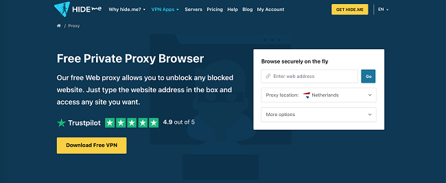 Screenshot of the Hide Me free proxy homepage