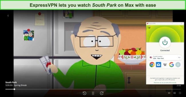 Screenshot of South Park season 26 streaming on Max, with ExpressVPN connected to a US-New York server.