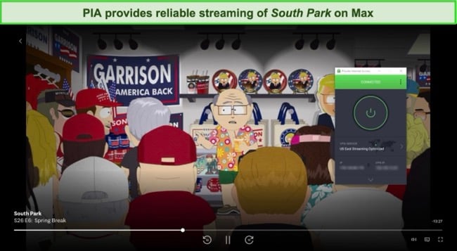 Screenshot of PIA VPN streaming South Park on Max.
