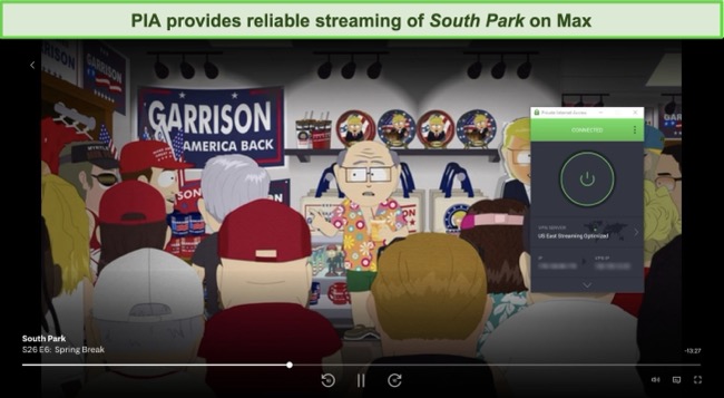 Screenshot of PIA VPN streaming South Park on Max.