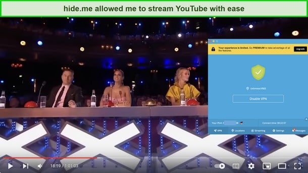 Screenshot showing YouTube being streamed using hide.me