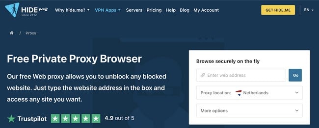 Screenshot of hide.me free proxy browser landing page
