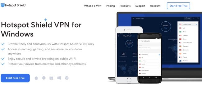 Screenshot of Hotspot Shield free proxy landing page