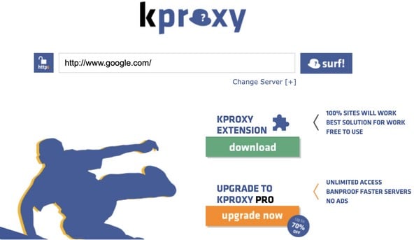 Screenshot of Kproxy landing page