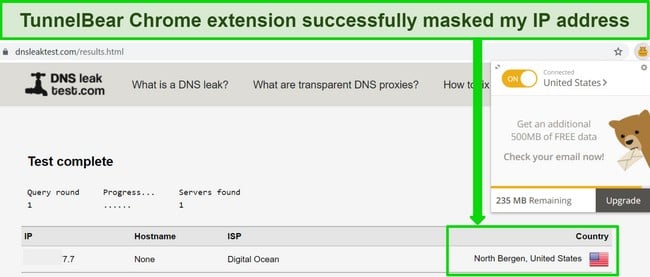 Screenshot of TunnelBear passing DNS leak test