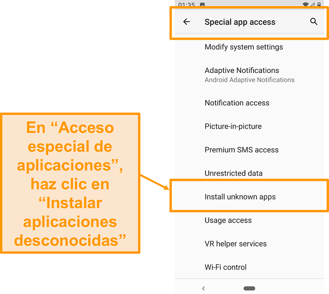 Captura de pantalla del acceso a aplicaciones especiales en Android
