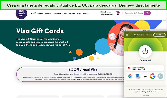 Tarjeta de regalo virtual de EE. UU. que funciona con ExpressVPN.