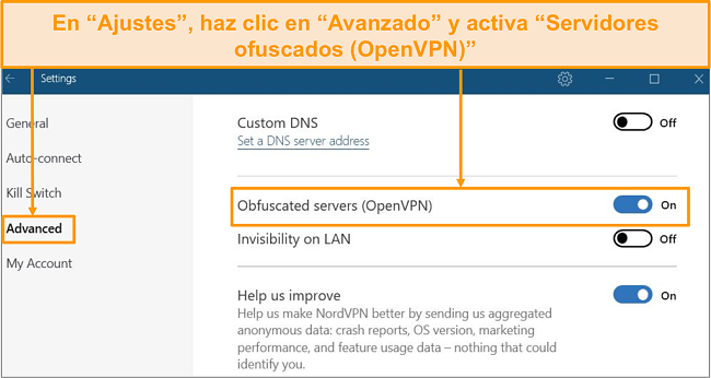 Captura de pantalla de la configuración avanzada de NordVPN con la opción de servidor ofuscado activada