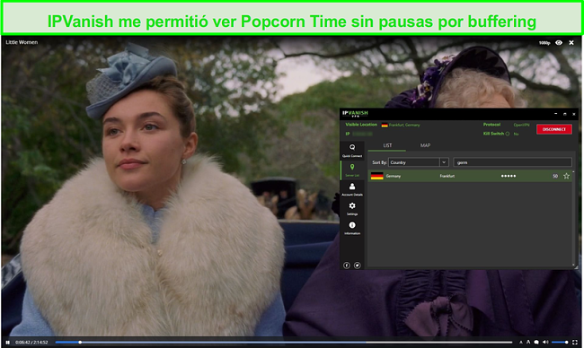 Captura de pantalla de IPVanish streaming Little Women on Popcorn Time