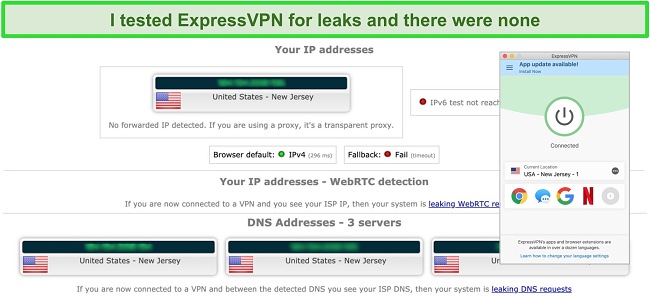Screenshot of ExpressVPN leak test results