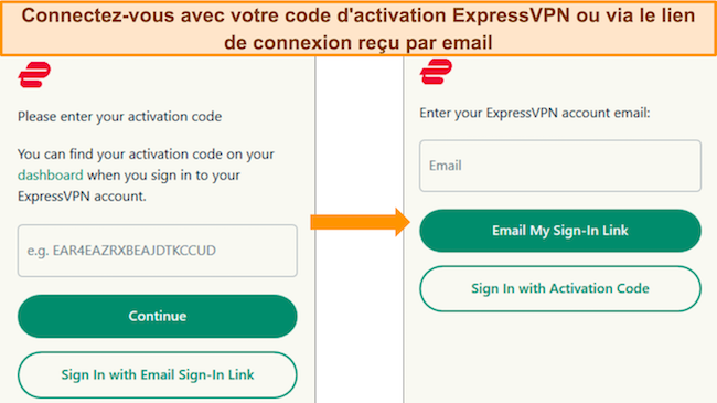 Image montrant les 2 options de connexion d'ExpressVPN - par code d'activation ou lien de connexion par e-mail.