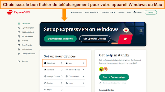 Image du compte ExpressVPN, montrant les options de téléchargement pour différents appareils et mettant en évidence Windows et Mac.