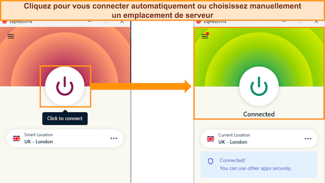 Captures d'écran de l'application Windows d'ExpressVPN, déconnectée et connectée à un serveur Royaume-Uni - Londres