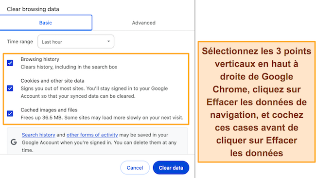 Capture d'écran des paramètres « Effacer les données de navigation » sur Google Chrome