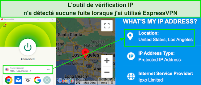 Capture d'écran de l'outil de recherche IP ne montrant aucune fuite lorsqu'ExpressVPN est connecté à un serveur à Los Angeles