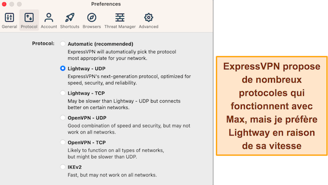 Capture d'écran des options de protocole disponibles dans l'application macOS d'ExpressVPN