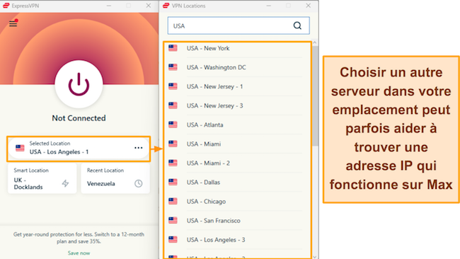 Capture d'écran des options de serveur d'ExpressVPN aux États-Unis
