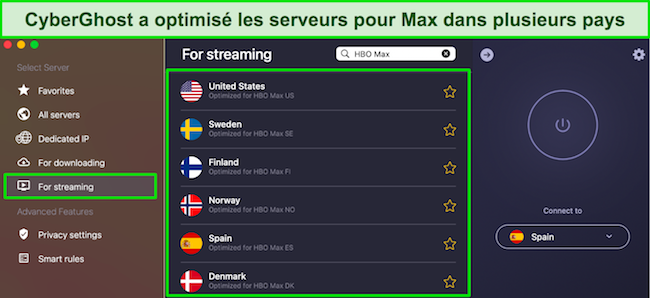 Capture d'écran des serveurs optimisés pour le streaming de CyberGhost pour Max