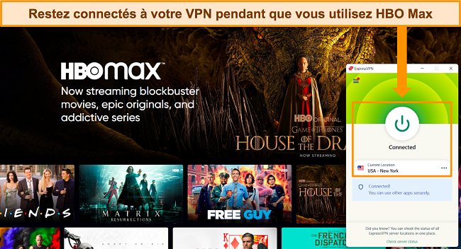 Capture d'écran d'ExpressVPN connecté à un serveur américain avec le site Web HBO Max disponible dans le navigateur