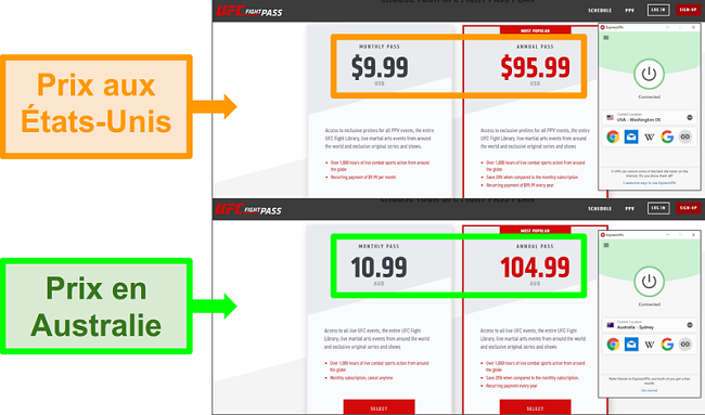 Captures d’écran des différences de prix pour un abonnement en raison de différents emplacements, avec ExpressVPN connecté à deux serveurs différents.