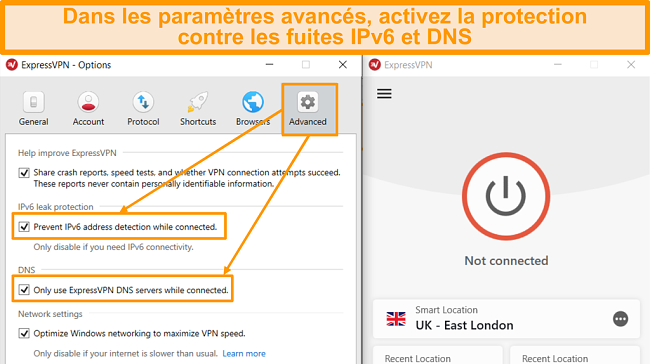 Capture d'écran des paramètres avancés ExpressVPN avec protection des fuites IP et DNS activées