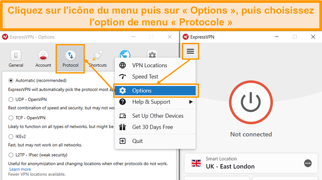 Capture d'écran des options d'ouverture du menu ExpressVPN et paramètres du protocole
