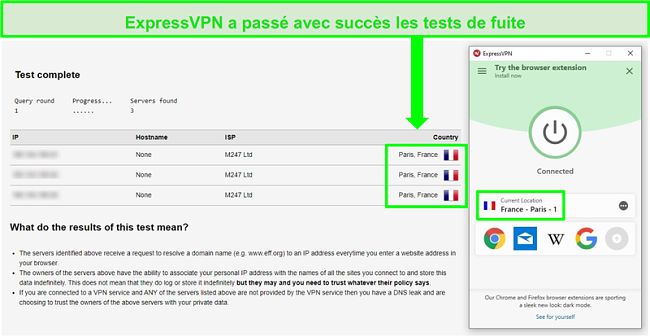 Capture d’écran d’ExpressVPN connecté à un serveur parisien et passant un test de fuite d’adresse DNS et IP
