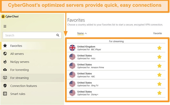 Screenshot of CyberGhost VPN for streaming servers list