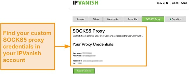 Screenshot of IPVanish's free SOCKS5 proxy server credentials on the website