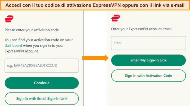 Immagine che mostra le 2 opzioni di accesso di ExpressVPN: tramite codice di attivazione o link di accesso e-mail.