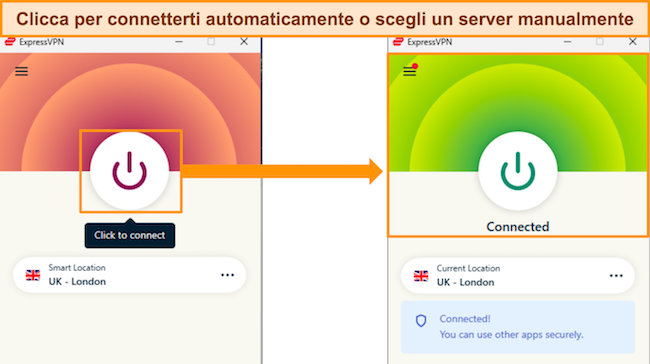 Screenshot dell'app Windows di ExpressVPN, disconnessa e connessa a un server UK - Londra