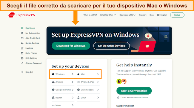 Immagine dell'account ExpressVPN, che mostra le opzioni di download per diversi dispositivi ed evidenzia Windows e Mac.