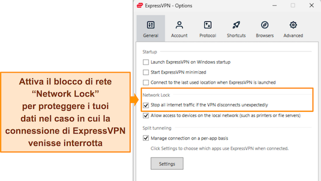 Immagine dell'app Windows di ExpressVPN che mostra il menu Impostazioni generali ed evidenzia l'opzione Blocco rete.
