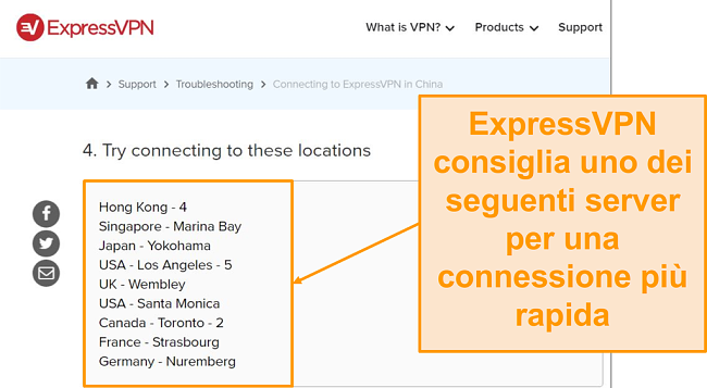 Screenshot dei server consigliati da ExpressVPN per la connessione dalla Cina