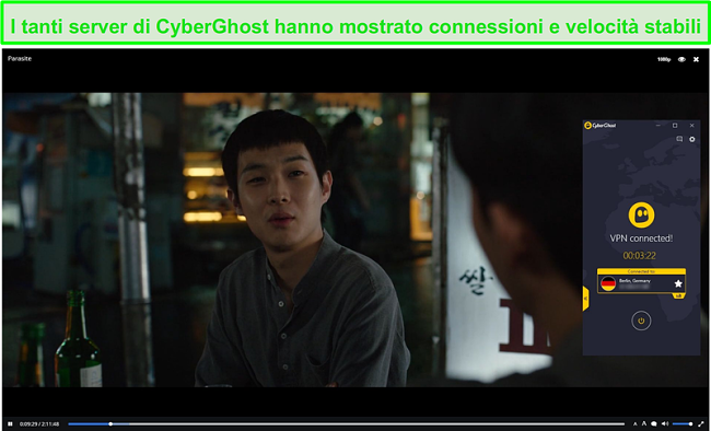 Screenshot di CyberGhost che protegge Popcorn Time durante lo streaming Parasite