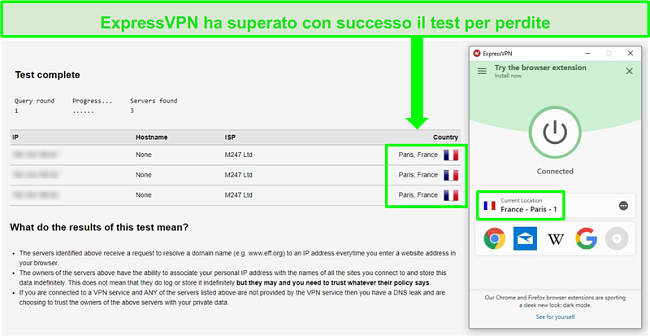 Screenshot di ExpressVPN connesso a un server di Parigi e superamento di un test di perdita di indirizzi DNS e IP