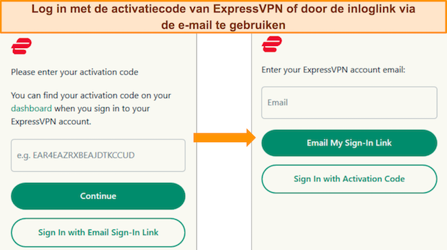 Afbeelding met de 2 aanmeldingsopties van ExpressVPN - met activeringscode of aanmeldingslink per e-mail.