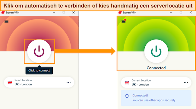 Screenshots van de Windows-app van ExpressVPN, losgekoppeld en verbonden met een UK - London server