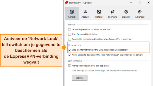 Afbeelding van de Windows-app van ExpressVPN met het menu Algemene instellingen en de optie Netwerkvergrendeling.
