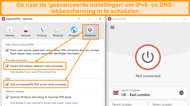 Schermafbeelding van Geavanceerde instellingen van ExpressVPN met IP- en DNS-lekbeveiliging ingeschakeld