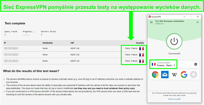 Zrzut ekranu przedstawiający usługę ExpressVPN podłączoną do serwera w Paryżu i przejście testu szczelności adresu DNS i IP