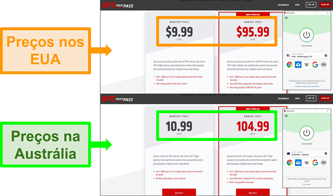 Screenshots das diferenças de preço para uma subscrição devido a diferentes localizações, com o ExpressVPN ligado a dois servidores diferentes.