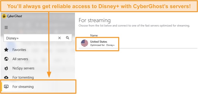 Screenshot of CyberGhost's dedicated Disney+ US streaming server inside the Windows app.