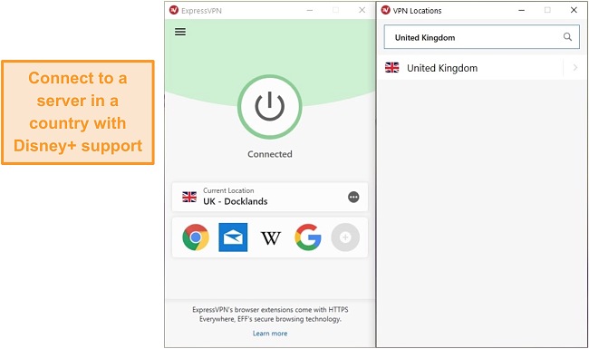 Screenshot of ExpressVPN connected to a UK Docklands server.
