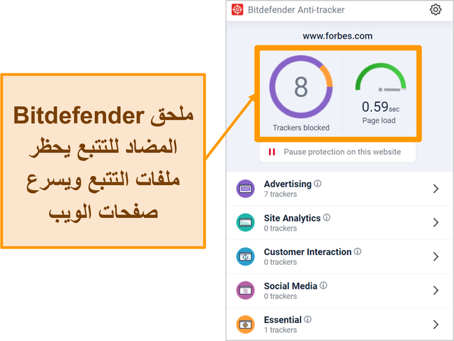 لقطة شاشة من البرنامج المساعد لمتصفح Bitdefender المضاد للتتبع