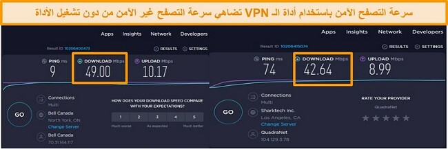 لقطة شاشة تقارن سرعات اتصال VPN غير الآمنة وخادم الولايات المتحدة