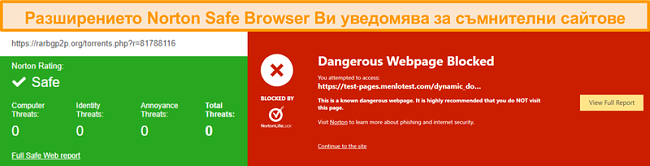 Екранна снимка на Norton Safe Web, потвърждаваща, че даден сайт е безопасен или опасен.