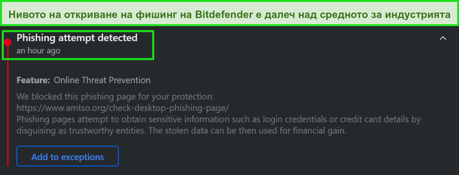 Предупреждение за фишинг на работния плот на Bitdefender.