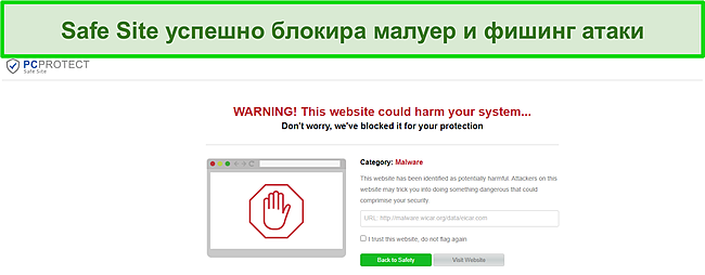 Екранна снимка на безопасния сайт на PC Protect, успешно блокирал опит за злонамерен софтуер.